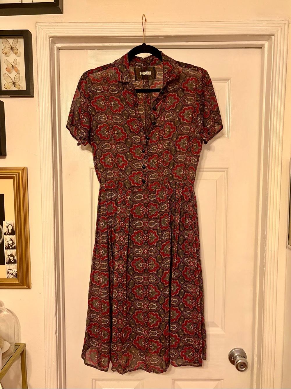 Reformation Red and Olive Paisley Button-Front Midi Dress